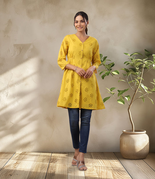 Mustard Cotton Schiffli A-Line Tunic