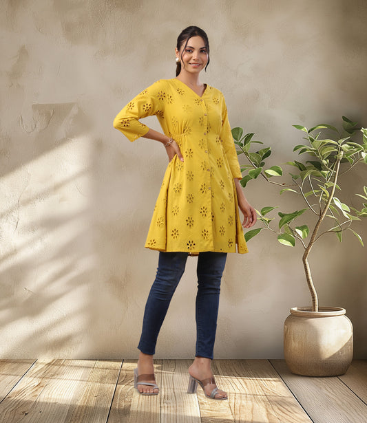 Mustard Cotton Schiffli A-Line Tunic