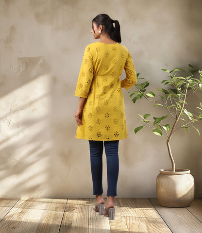 Mustard Cotton Schiffli A-Line Tunic