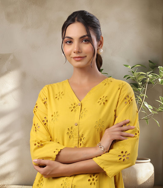 Mustard Cotton Schiffli A-Line Tunic