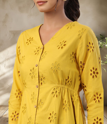 Mustard Cotton Schiffli A-Line Tunic