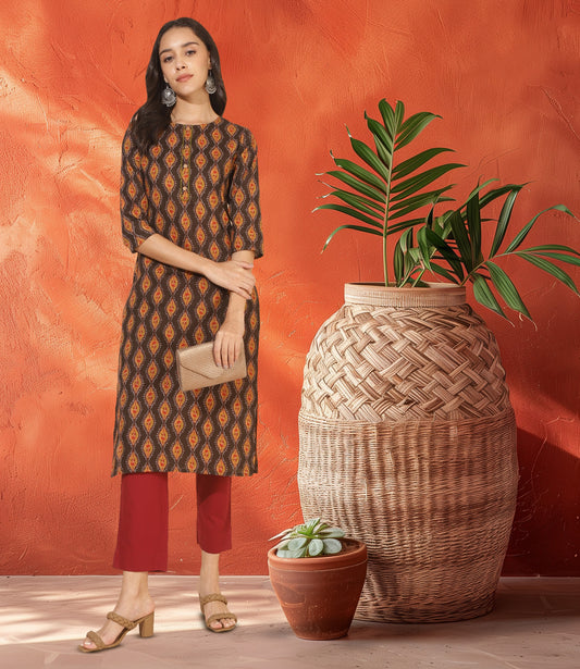 Brown Cotton Printed Straight Kurta