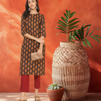 Brown Cotton Printed Straight Kurta