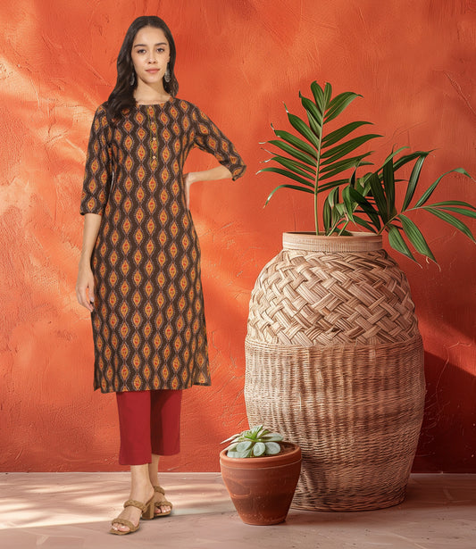 Brown Cotton Printed Straight Kurta