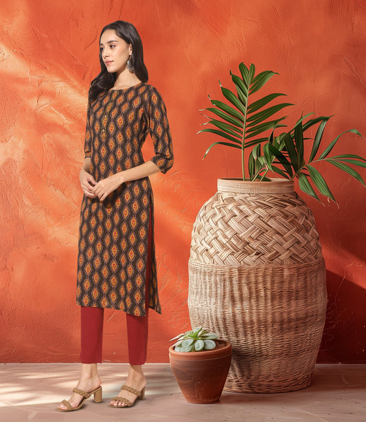 Brown Cotton Printed Straight Kurta