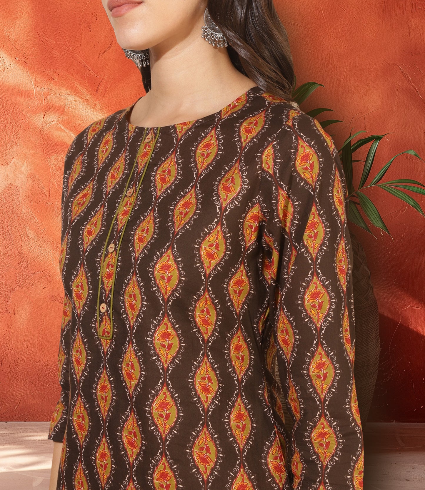 Brown Cotton Printed Straight Kurta