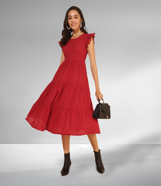 Red Cotton Dobby Solid Tiered Western Dress