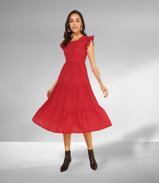 Red Cotton Dobby Solid Tiered Western Dress