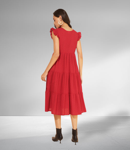 Red Cotton Dobby Solid Tiered Western Dress