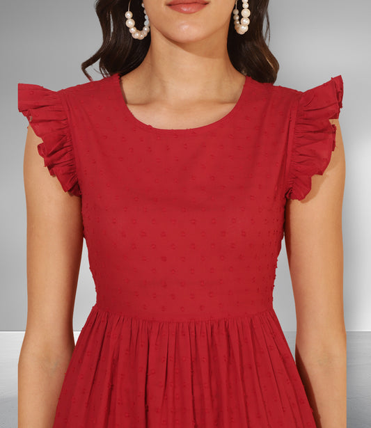 Red Cotton Dobby Solid Tiered Western Dress