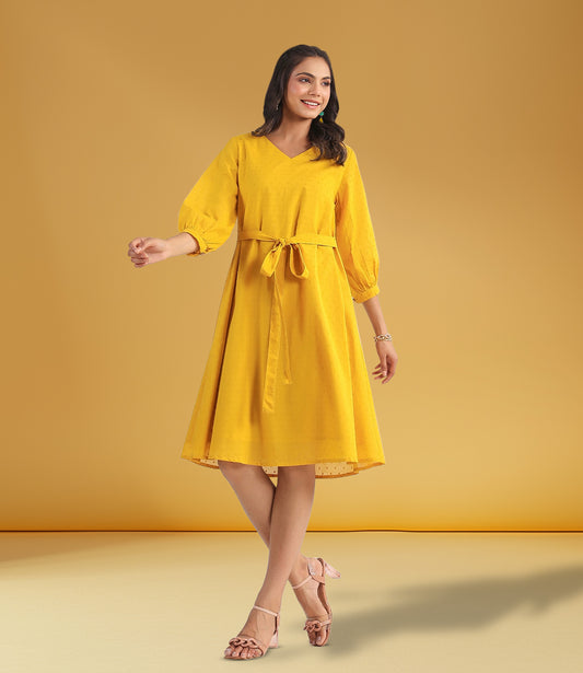 Yellow Dobby Cotton Self Design A-Line Dress