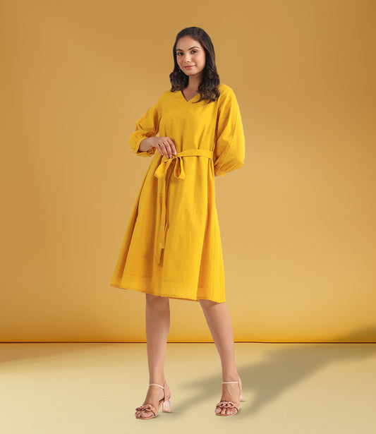 Yellow Dobby Cotton Self Design A-Line Dress