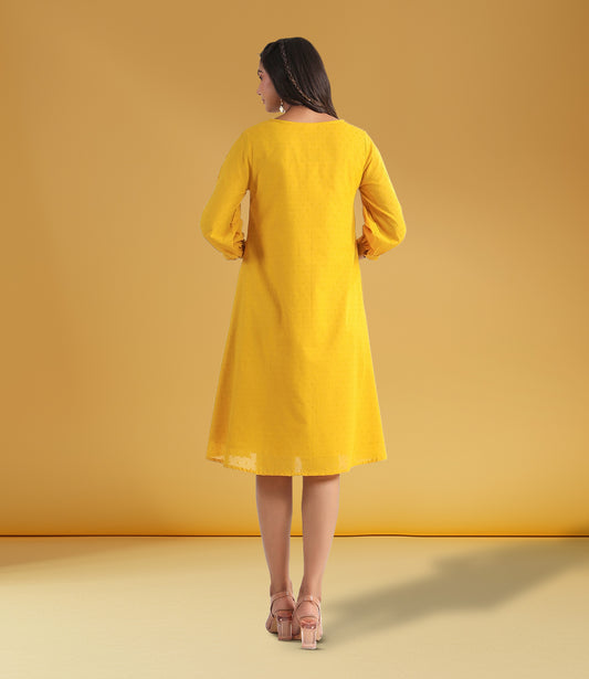 Yellow Dobby Cotton Self Design A-Line Dress