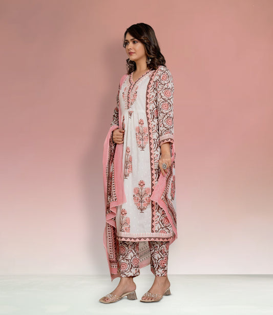 White and Pink Floral Cotton Kurta Set