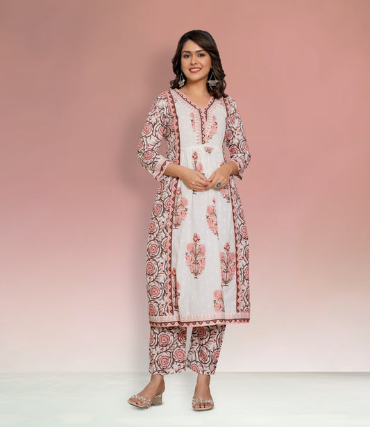 White and Pink Floral Cotton Kurta Set