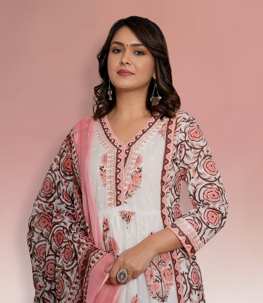 White and Pink Floral Cotton Kurta Set