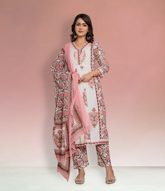 White and Pink Floral Cotton Kurta Set