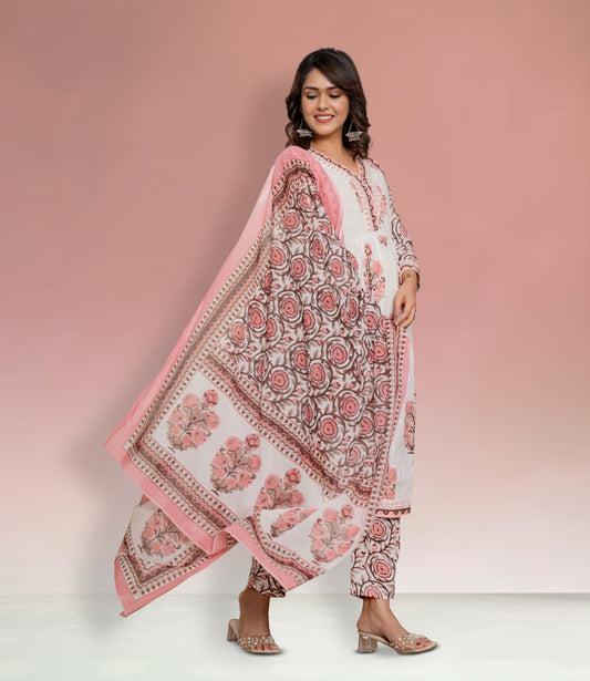 White and Pink Floral Cotton Kurta Set