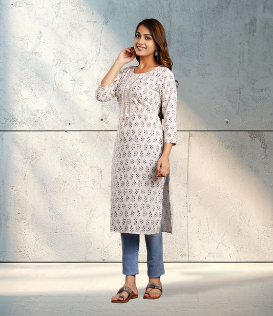 White Printed Cotton Straight Kurta