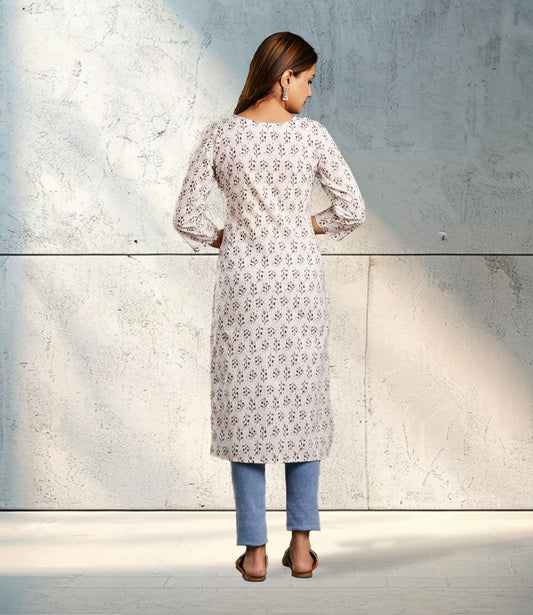 White Printed Cotton Straight Kurta