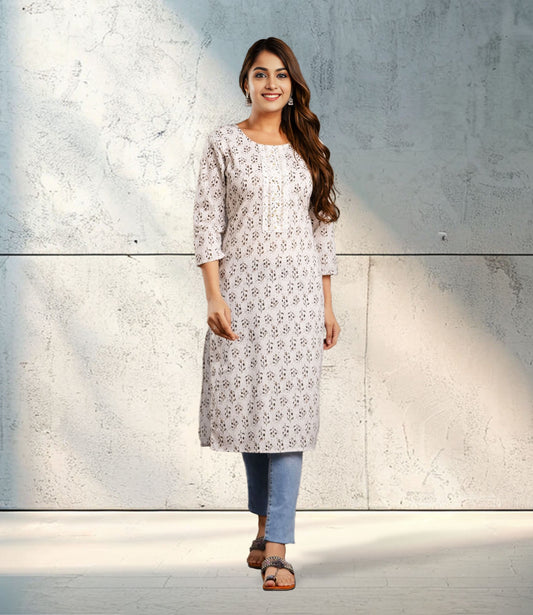 White Printed Cotton Straight Kurta