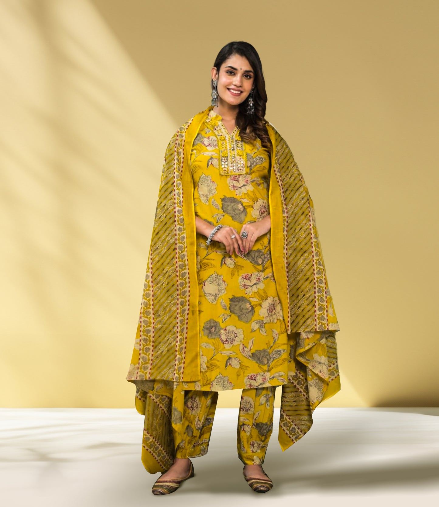 Yellow Cotton Floral Print Salwar Suit