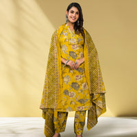 Yellow Cotton Floral Print Salwar Suit