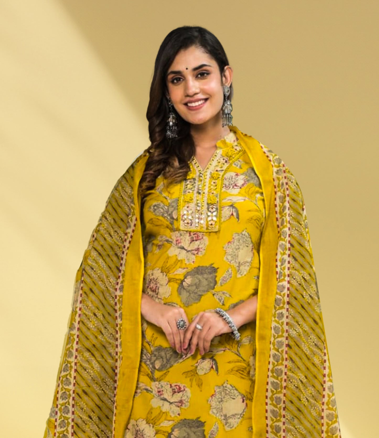 Yellow Cotton Floral Print Salwar Suit