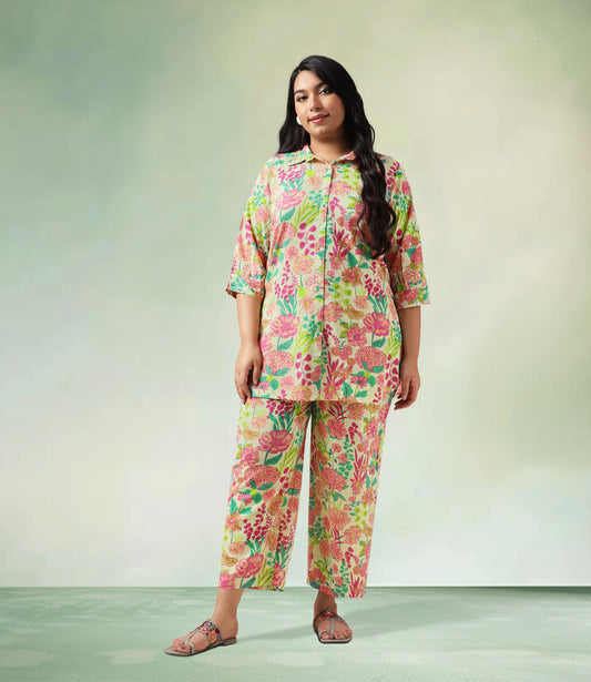 Plus Size Multicolor Cotton Floral Regular Co-Ord Set