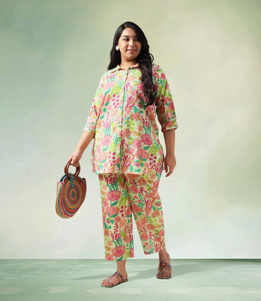 Plus Size Multicolor Cotton Floral Regular Co-Ord Set