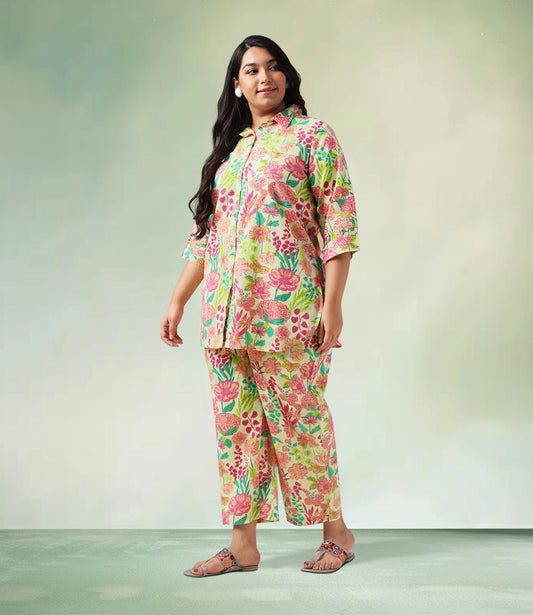 Plus Size Multicolor Cotton Floral Regular Co-Ord Set