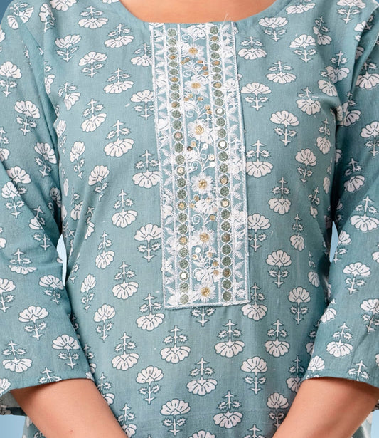 Blue Cotton Floral Print Straight Kurta