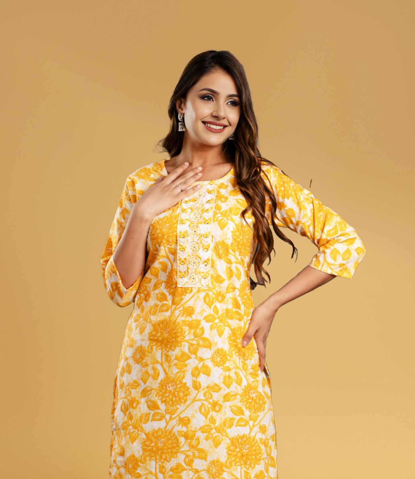 Yellow Cotton Floral Print Straight Kurta