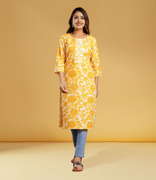 Yellow Cotton Floral Print Straight Kurta