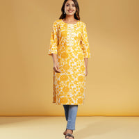 Yellow Cotton Floral Print Straight Kurta