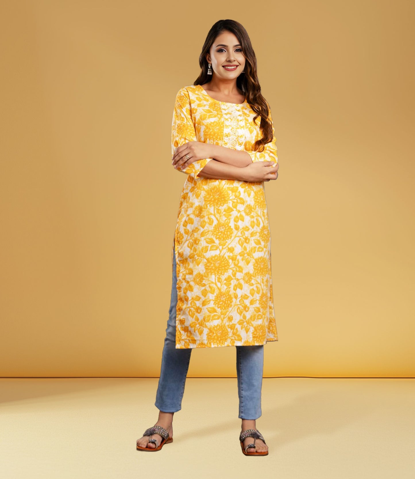 Yellow Cotton Floral Print Straight Kurta