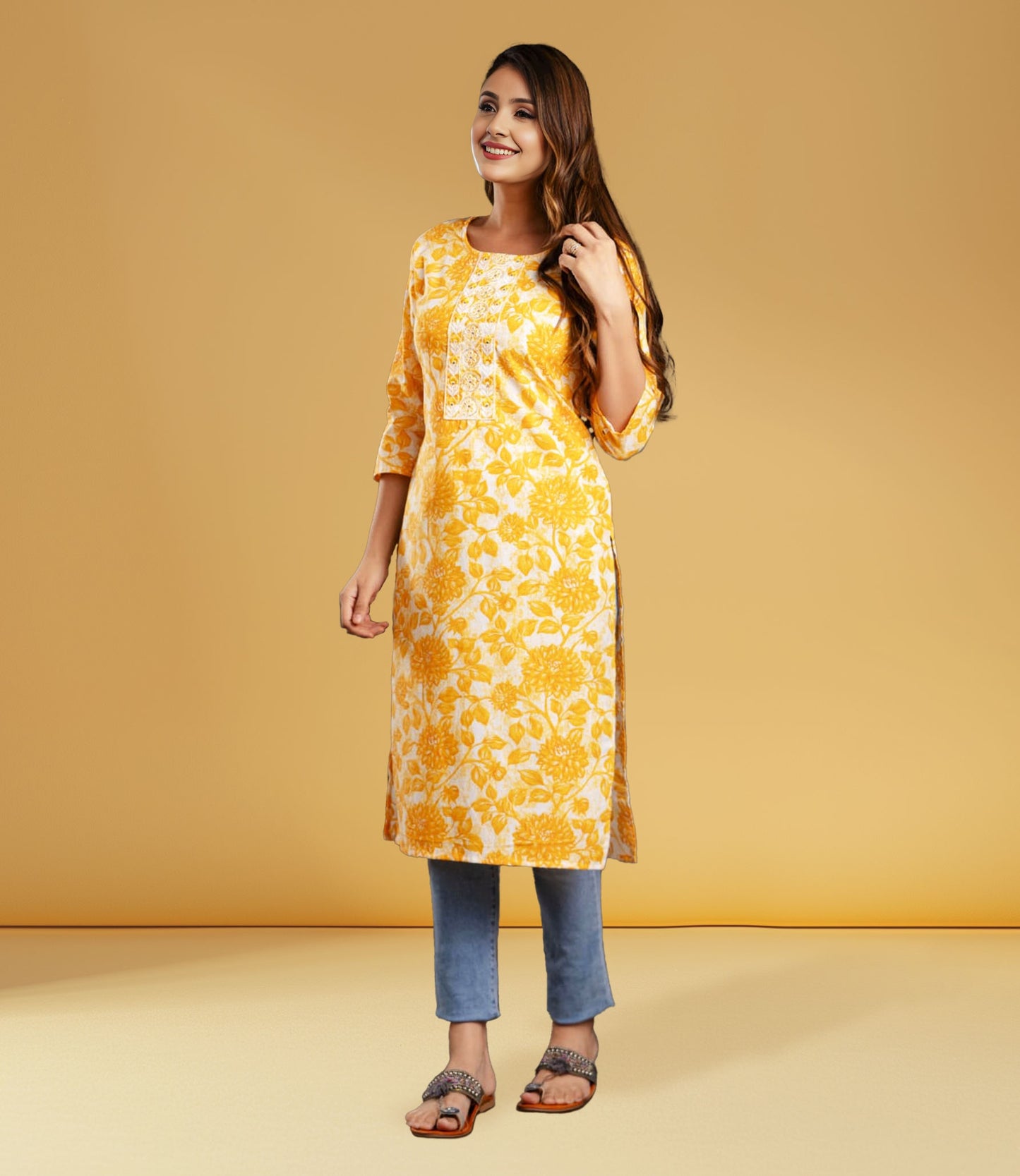 Yellow Cotton Floral Print Straight Kurta