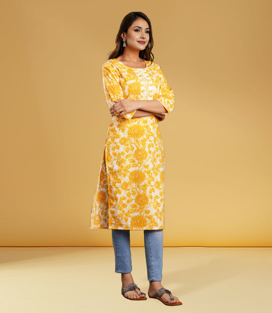 Yellow Cotton Floral Print Straight Kurta