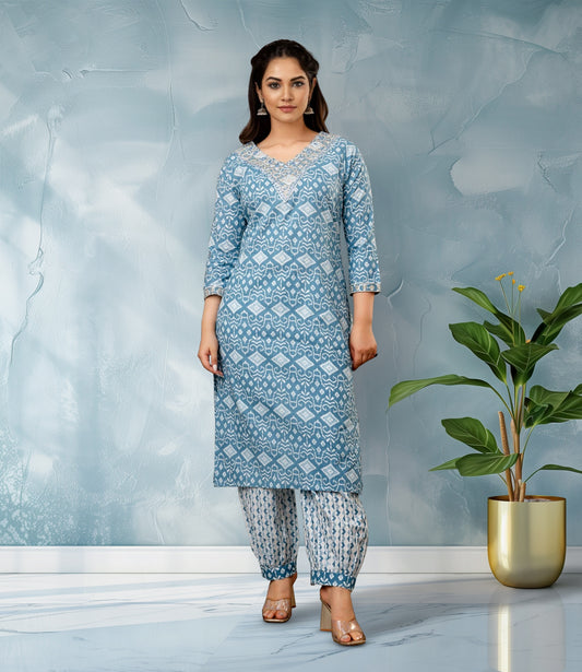 Sky Blue Ikat Print Kurta Set