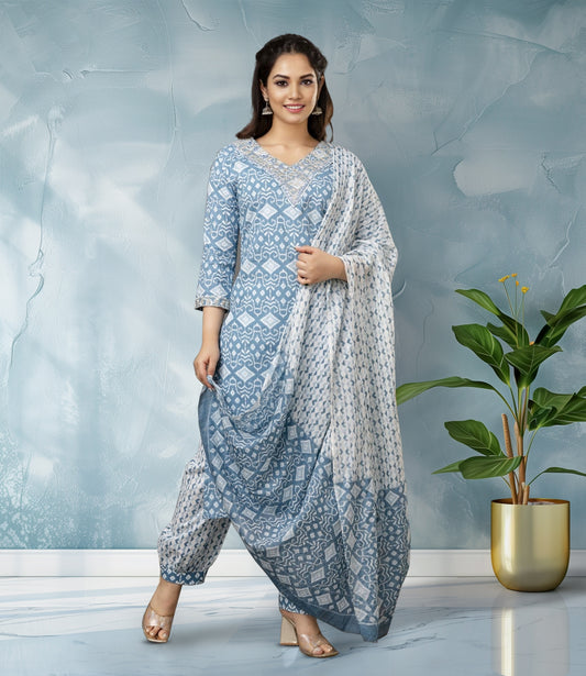 Sky Blue Ikat Print Kurta Set