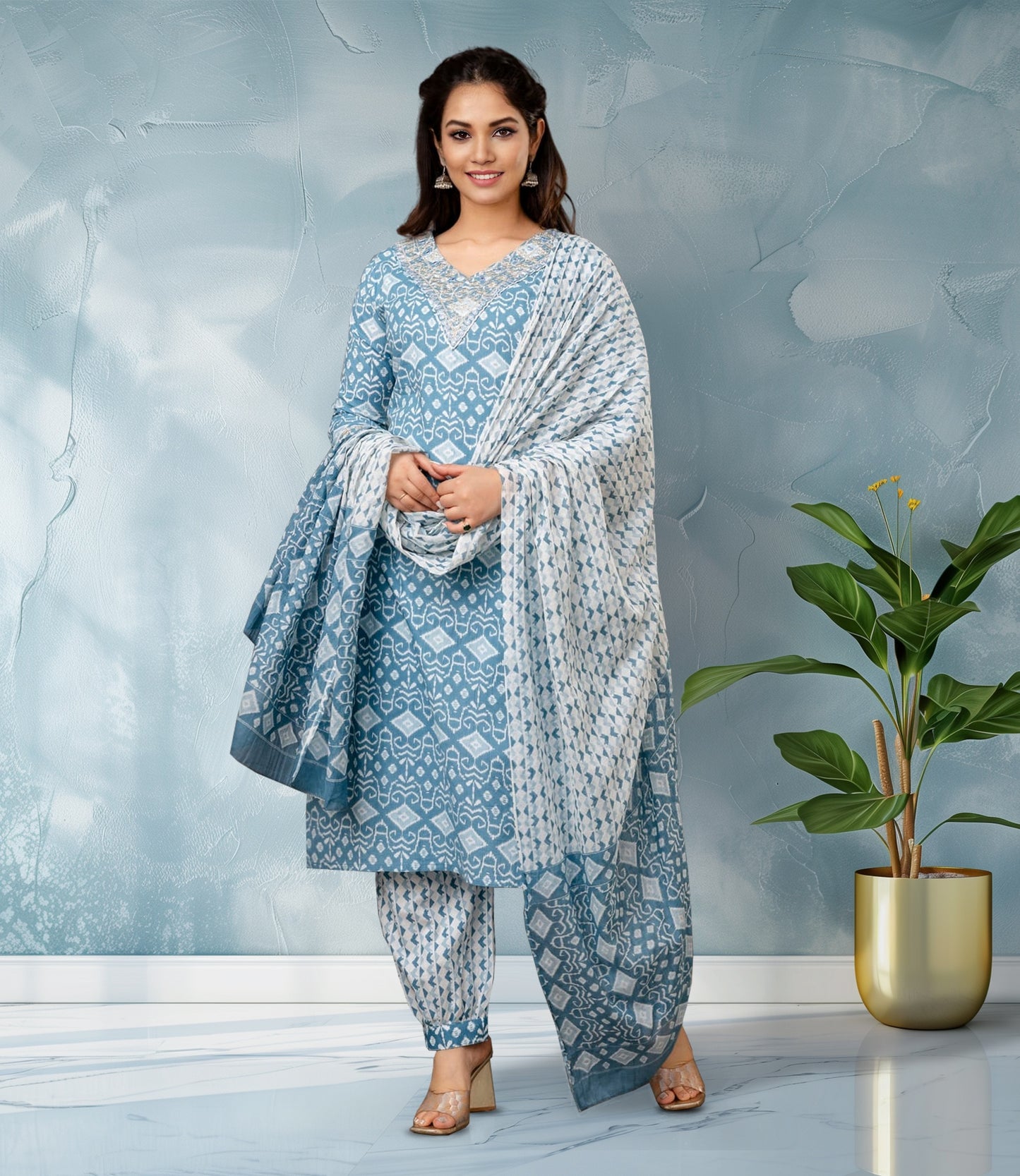 Sky Blue Ikat Print Kurta Set