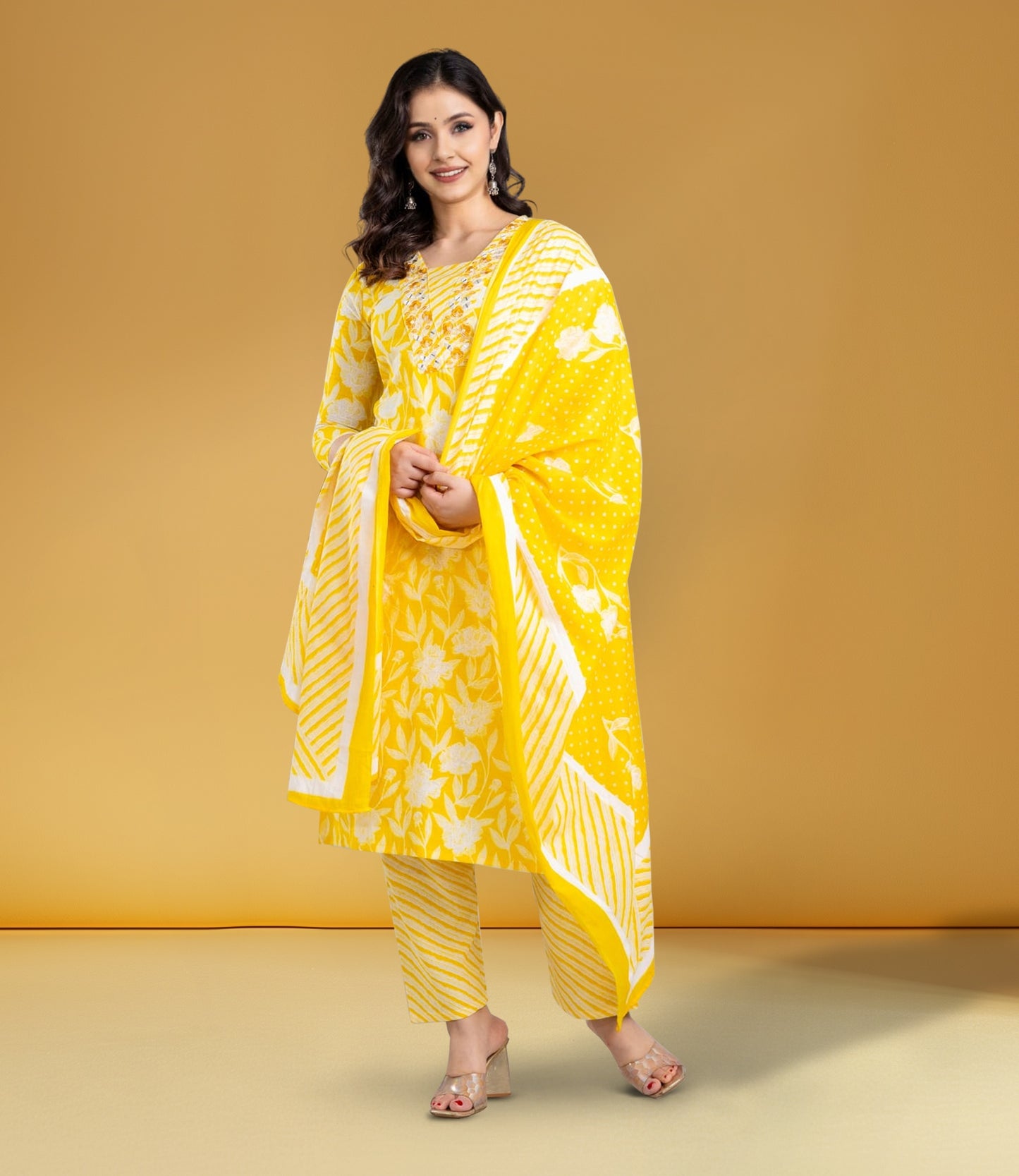 Yellow Floral Print Cotton Kurta Set