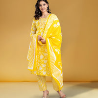 Yellow Floral Print Cotton Kurta Set