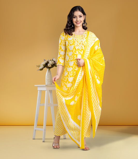 Yellow Floral Print Cotton Kurta Set