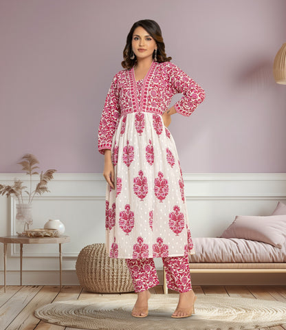 Pink and White Floral Block Print Kurta Set