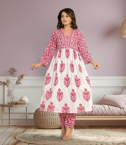 Pink and White Floral Block Print Kurta Set