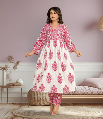 Pink and White Floral Block Print Kurta Set