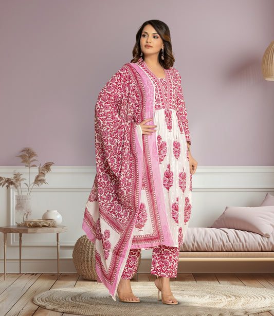 Pink and White Floral Block Print Kurta Set