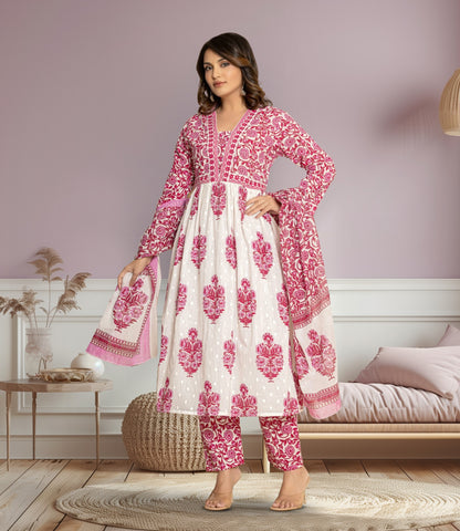 Pink and White Floral Block Print Kurta Set