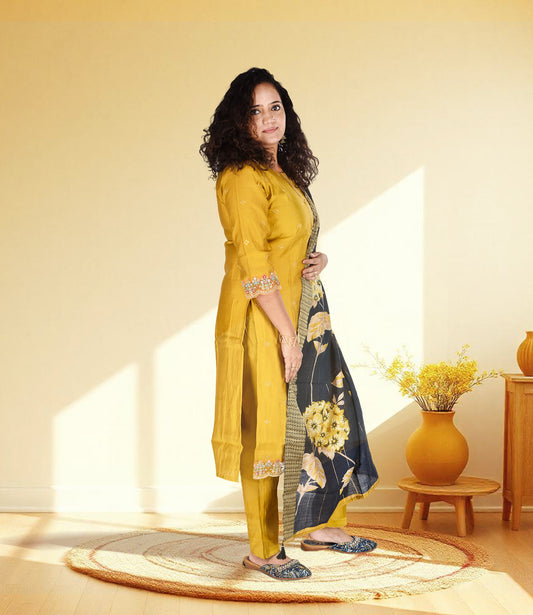 Yellow Embroidery with Sequence Work Kurta, Pants with Dupatta Set